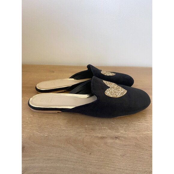 Black Slip-On Velvet Mules With Gold Glitter Hearts Size 41 By A Little Glamour - Picture 3 of 6